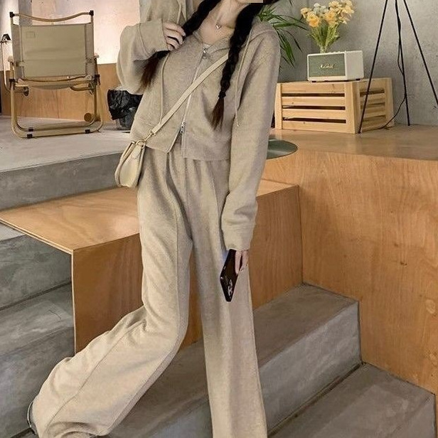 女装外出阔腿裤春秋拉链卫衣新款两件套连帽休闲运动套装女2025年|undefined