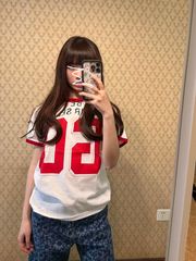 【210g21番手純綿】コントラストプリント ラウンドネック 半袖 Tシャツ レディース 夏 右肩 トップス ホワイト アメリカンスタイル