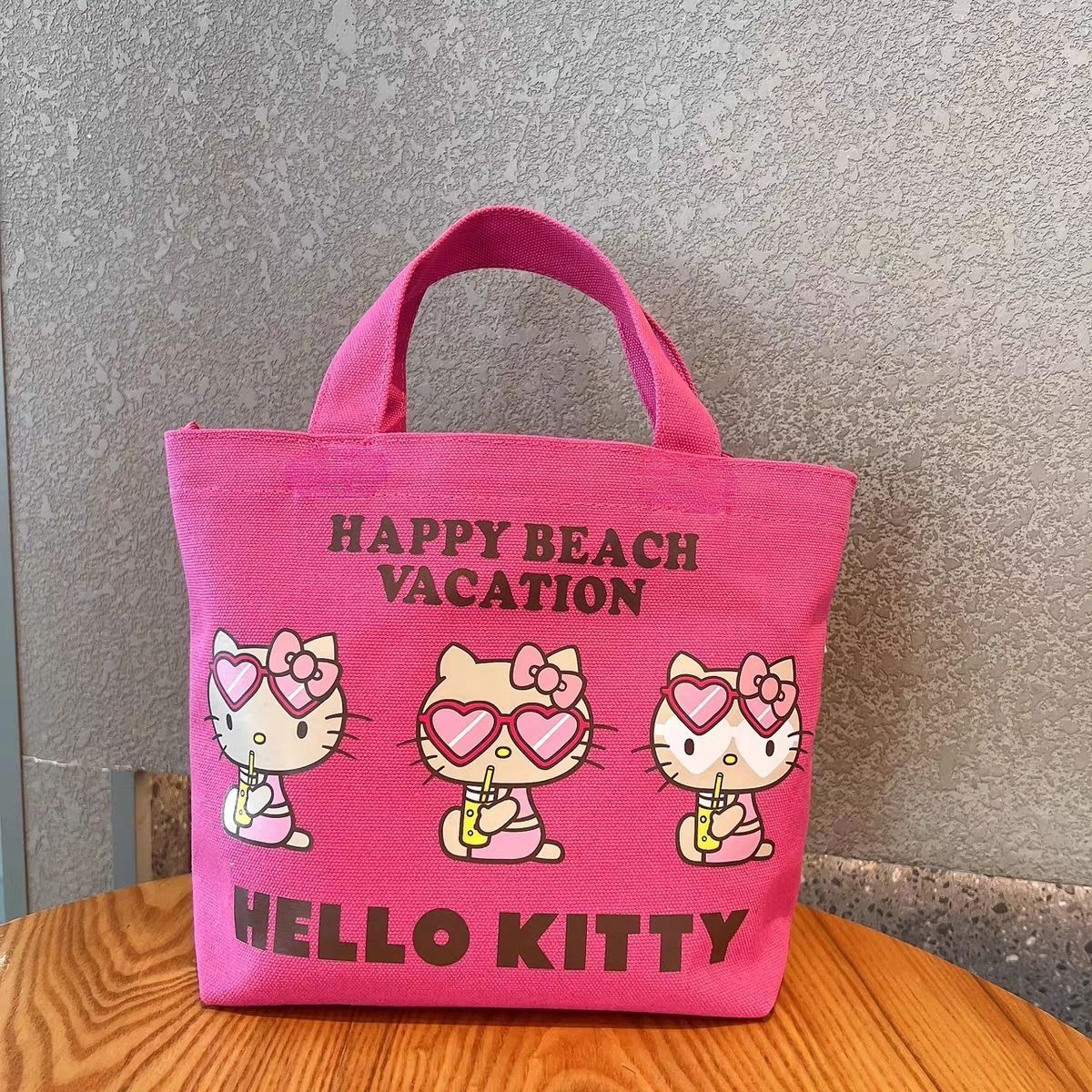 日系夏威夷黑皮Kitty卡通帆布手拎包便当包多巴胺手提收纳包袋