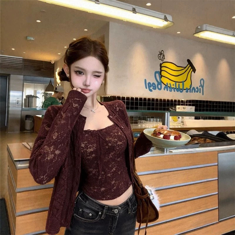 Korean-style lace long-sleeve cardigan top for women, early autumn new collection, pure and sensual inner camisole set Korean-style lace long-sleeve cardigan top for women, early autumn new collection, pure and sensual inner camisole set