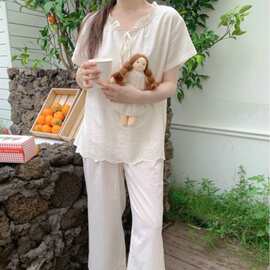 韩国ins女士夏季新品韩版舒适韩系重工刺绣家居服睡衣套装短袖女