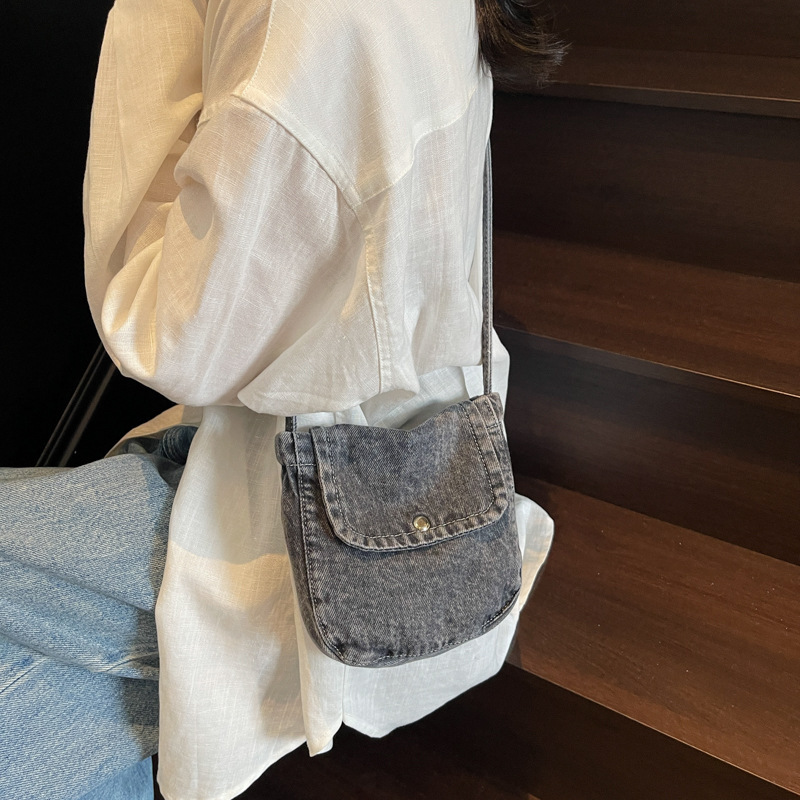 牛仔布包女原宿风百搭休闲斜挎包简约文艺单肩包布袋包简约水桶包|undefined
