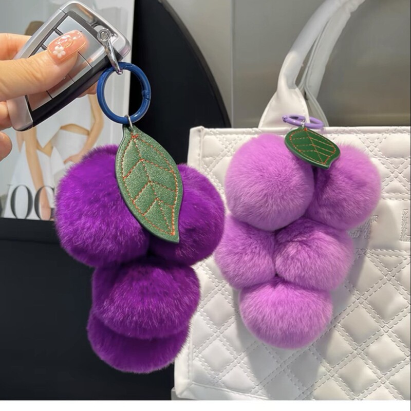 Super Cute Purple Series ~ Raccoon Rabbit Fur Grape Car Keychain Pendant, Ins-Style Adorable Plush Ball Bag Charm