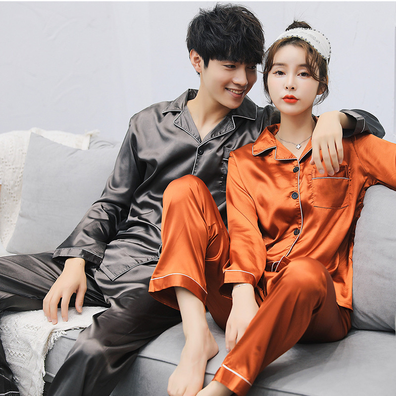 Directo de fábrica pareja pijamas de las mujeres primavera y otoño simple color sólido de seda de hielo de manga larga de seda artificial de los hombres desgaste del hogar traje
