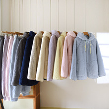 情侣羊羔绒纯色休闲宽松套装法兰绒连帽加厚家居服秋冬可外穿