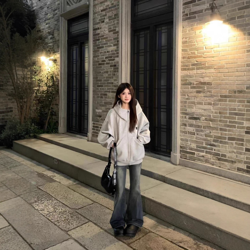 美式复古高领开衫刺绣卫衣女春秋连帽上衣设计感小众宽松情侣外套|undefined