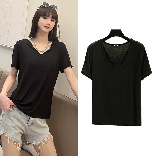 Women's Summer V-Neck Modest Short Sleeve T-Shirt Loose Korean Style Large Size Plain Color Base Layer Top Wearable Inner Shirt