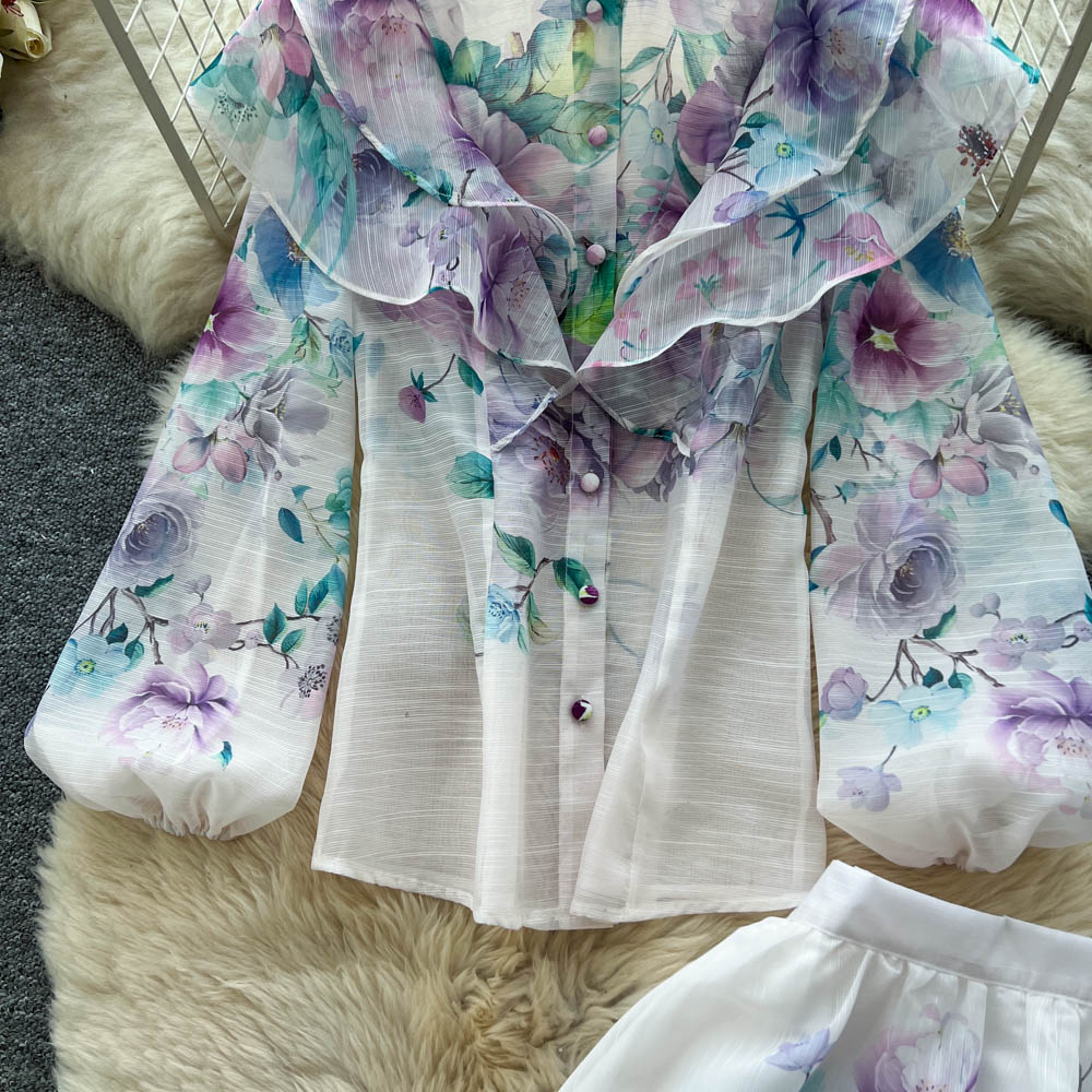 Women's French Retro Floral Print Two Piece Skirt Set Stand Collar Lantern Sleeves Slimming Maxi Skirt Autumn Style_ecoleips.com