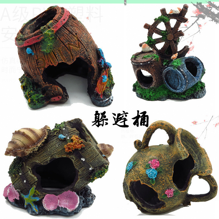 Aquarium Accessories Fish Tank Decoration Landscaping Fish Tank Reptile Box Shelter House Resin Crafts Antique Shell Wine Barrel