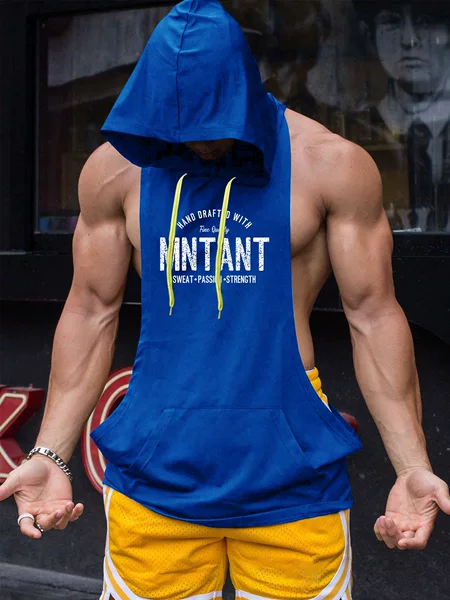 Men's Sports Fitness Sleeveless Vest Summer Quick-drying Sleeveless Printed Hooded Training Vest Muscle Waistcoat Vest
