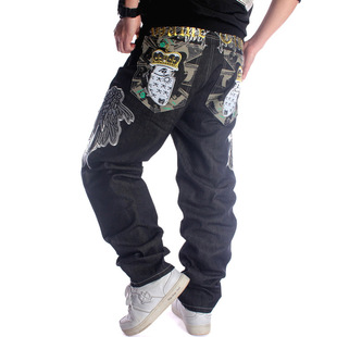 European and American Trendy Men's Loose Straight Skateboard Trousers Embroidered Flower Wings Hip-hop Denim Pants Black and Oversized