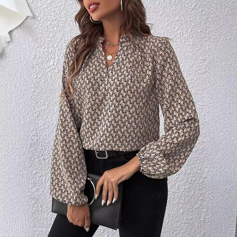 New Amazon European and American Cross-border Women's Printed Folded Collar Lantern Sleeve French Elegant Shirt Top Foreign Trade