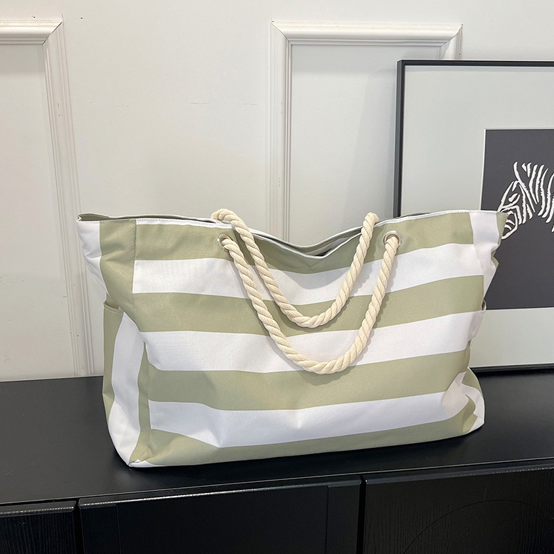 Bolsa Tote de Lona a Rayas de Lona Gran Capacidad con Cierre para Viajes, Compras y Playa image 10