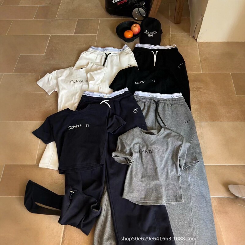 C Brand Woven Belt Double-Waist Casual Suit for Women, New Summer Style Short-Sleeve T-Shirt and Wide-Leg Pants Two-Piece Set, Loose Sporty Style C Brand Woven Belt Double-Waist Casual Suit for Women, New Summer Style Short-Sleeve T-Shirt and Wide-Leg Pants Two-Piece Set, Loose Sporty Style