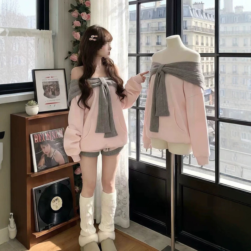 Korean-style gentle and sweet pink versatile sweatshirt with oversized patchwork shawl, Chanel-inspired contrasting color relaxed jacket