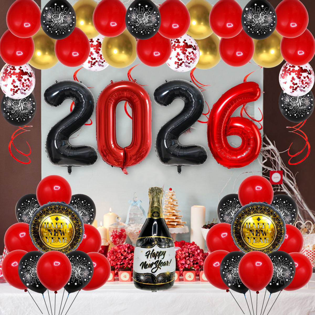 Traje de cadena de globos de Año Nuevo transfronterizo decoración de vacaciones diseño de ambiente feliz año nuevo Bandera de Año Nuevo