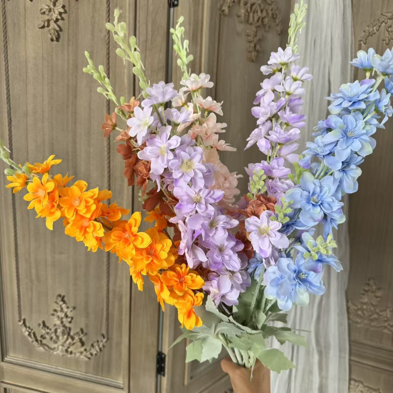 2-Pronged Flocked Artificial Delphinium Hyacinth Artificial Flowers for Wedding Decoration, Wedding Fake Flowers, Floor Arrangement, Floral Art Arrangement
