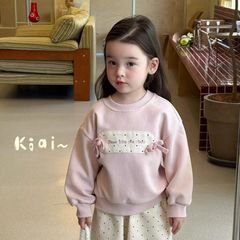 小女孩秋季小香风两件套新款宝宝蝴蝶结贴布卫衣+波点花边阔腿裤