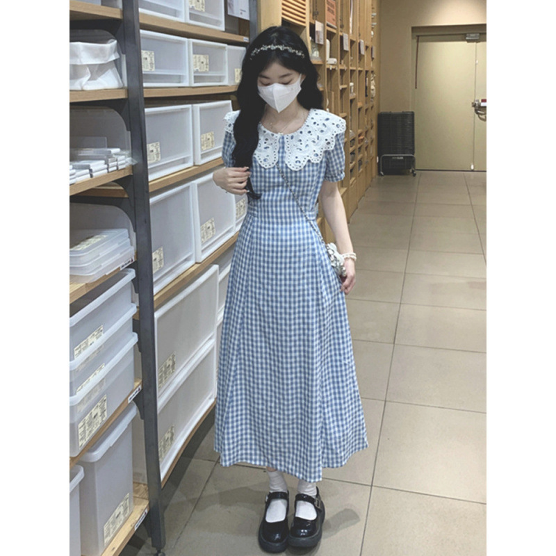 茶歇法式格子连衣裙女夏高级感娃娃领复古气质收腰温柔风初恋长裙|undefined