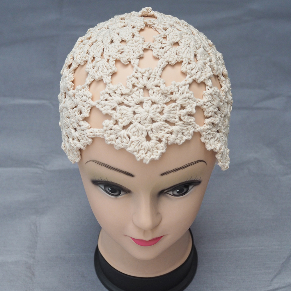 yunweny手工钩编复古纯色拼花针织帽女四季钩针花朵棉线手钩帽子