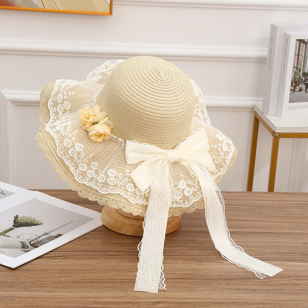 Sombrero de paja con lazo – estilo veraniego, ala ancha, para playa o vacaciones al aire libre