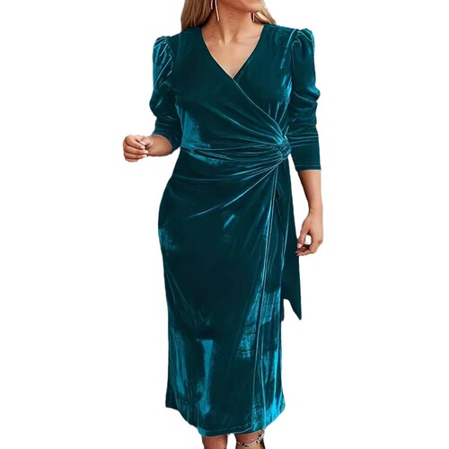 European and American autumn/winter hot-selling v-neck elegant, chic, casual, fashionable solid-color long-sleeved dress for women