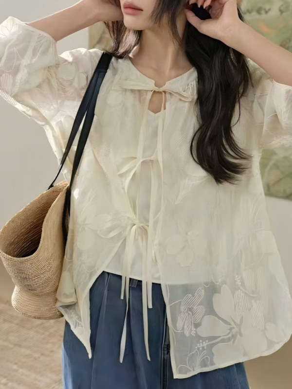阔色新中式蕾丝刺绣天丝衬衫女25早秋季新款米白吊带两件套装上衣|undefined