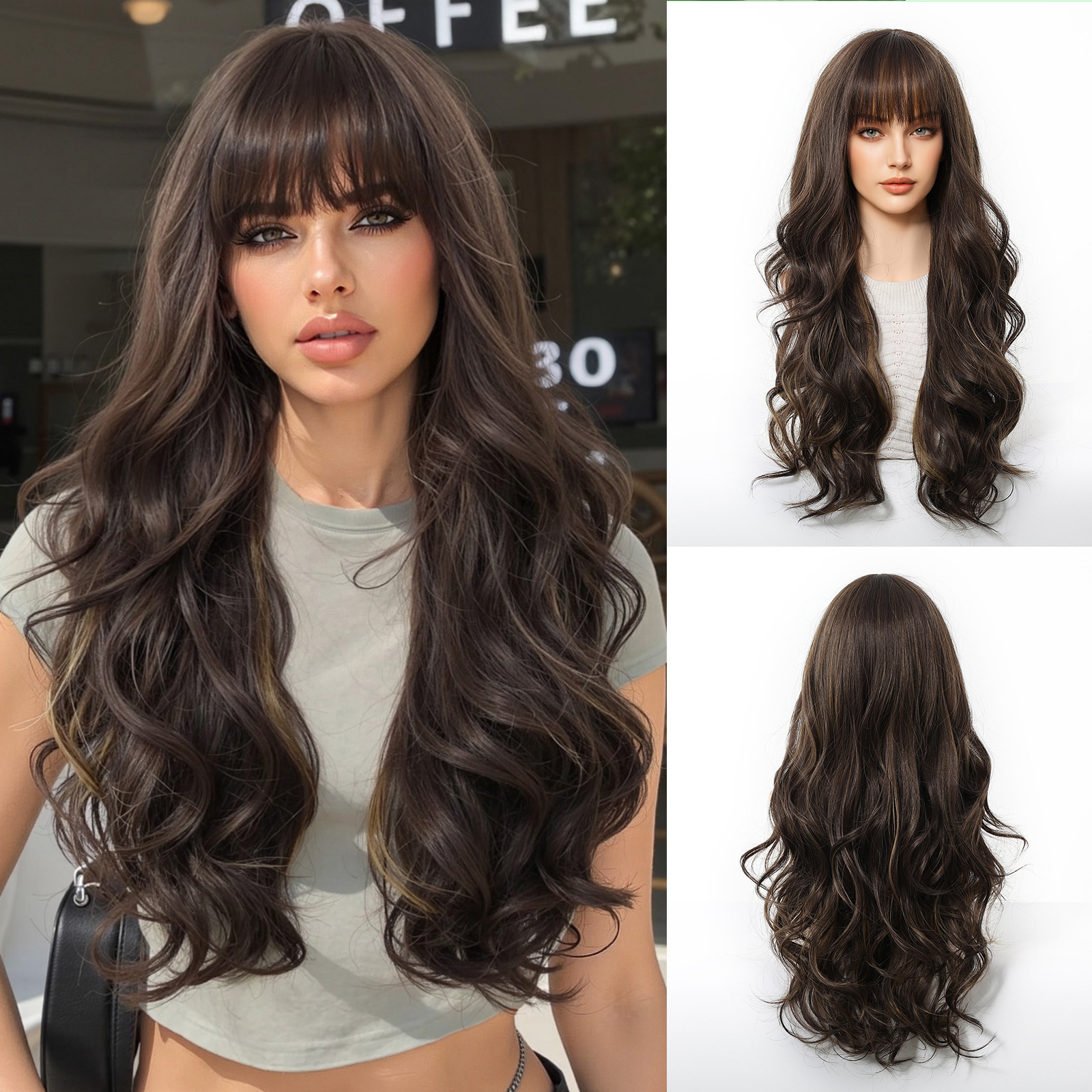 Marrón oscuro Qi Liuhai ondulado cabello largo ondulado seda de alta temperatura simulación cabello de alta temperatura estilo explosivo transfronterizo wigs