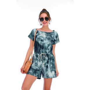 Real shot 2024 cross-border wish independent station new AliExpress wholesale European and American women's short tie-dye jumpsuit