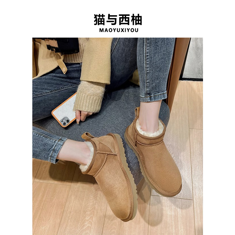마오 마오 신발 여성용 플랫 아웃웨어 쇼트 부츠 여성용 겨울 따뜻한 미끄럼 방지 스노우 부츠 정품 가죽 기모 두꺼운 코튼 슈즈 패션