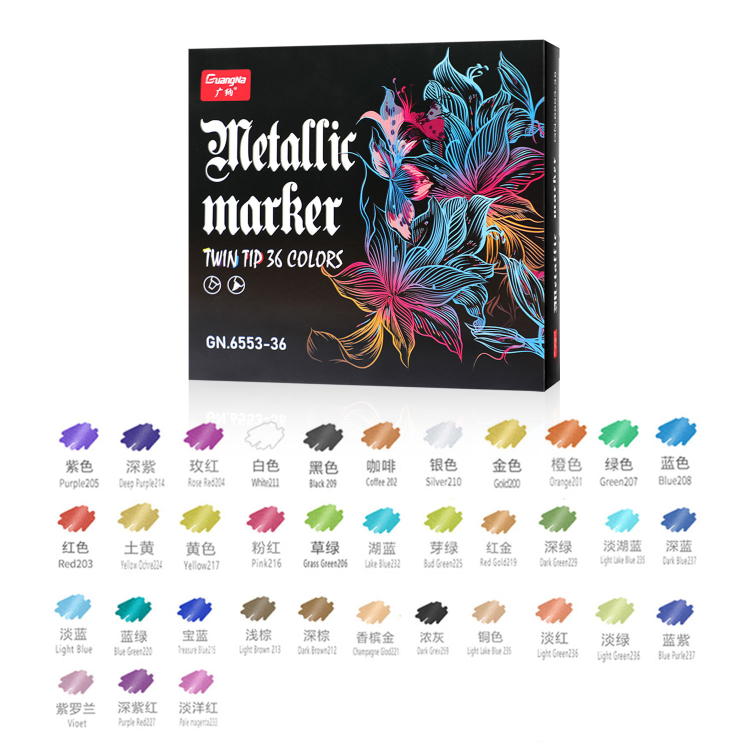 Guangna GN6553 marcador de metal de 36 colores de doble cabeza DIY pintado a mano marcador de graffiti pluma de pintura a base de agua borrable