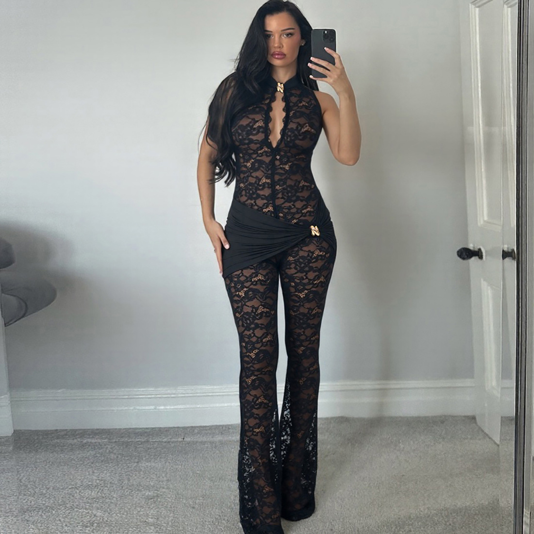 Cross-Border European and American Style 2025 Autumn and Winter New Women's Lace Splicing Sleeveless Sexy High-Waist Slim Fit One-Piece Jumpsuit