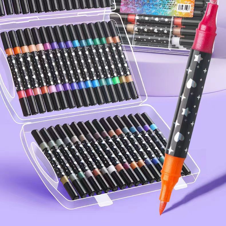 New dual-color glitter marker pen for children, hand-drawn dual-color paintbrush with thick soft tip, non-fading pearlescent shiny pen