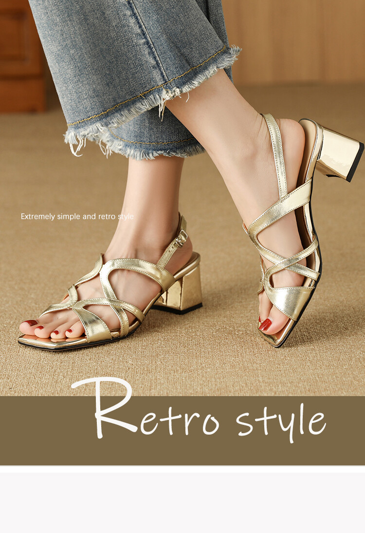 Sandal cao gót nữ da thật mũi vuông hở mũi gót thô 9 cm — Màu vàng, Màu bạc chi tiết 1