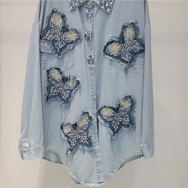 Suéter vaquero de diamante con cuentas de clavos de Heavy Industries blusa de mariposa femenina bordada con diamantes con solapa suelta de media y larga moda de blusa image 4