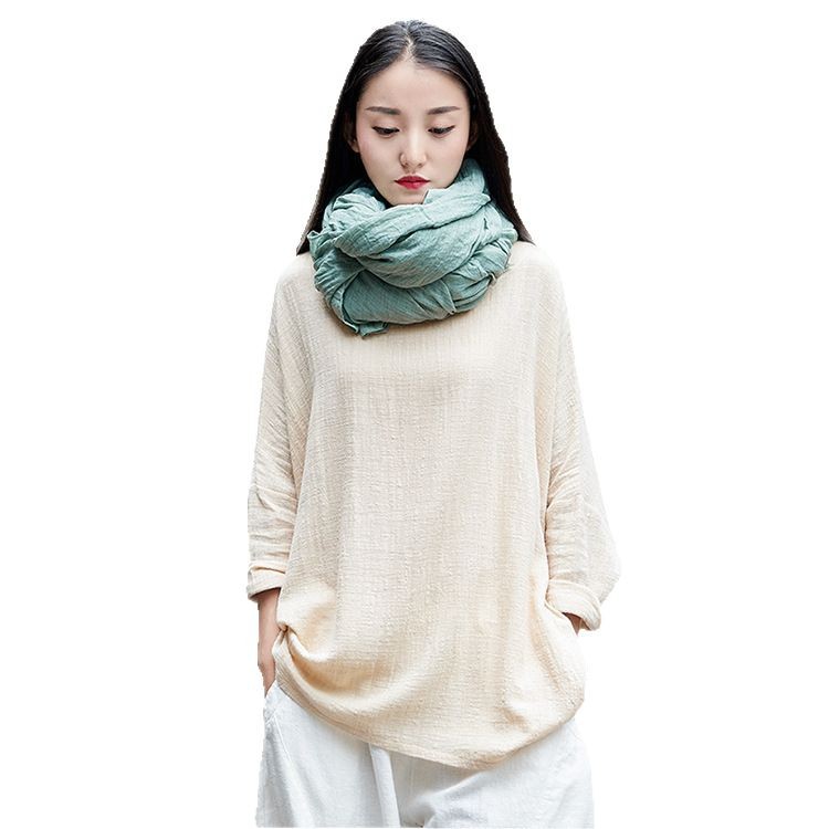 2024 primavera y verano nianbaixiu ropa de mujer de algodón y lino nuevo transpirable adelgazamiento retro nacional moda mujer de manga larga pullover camiseta