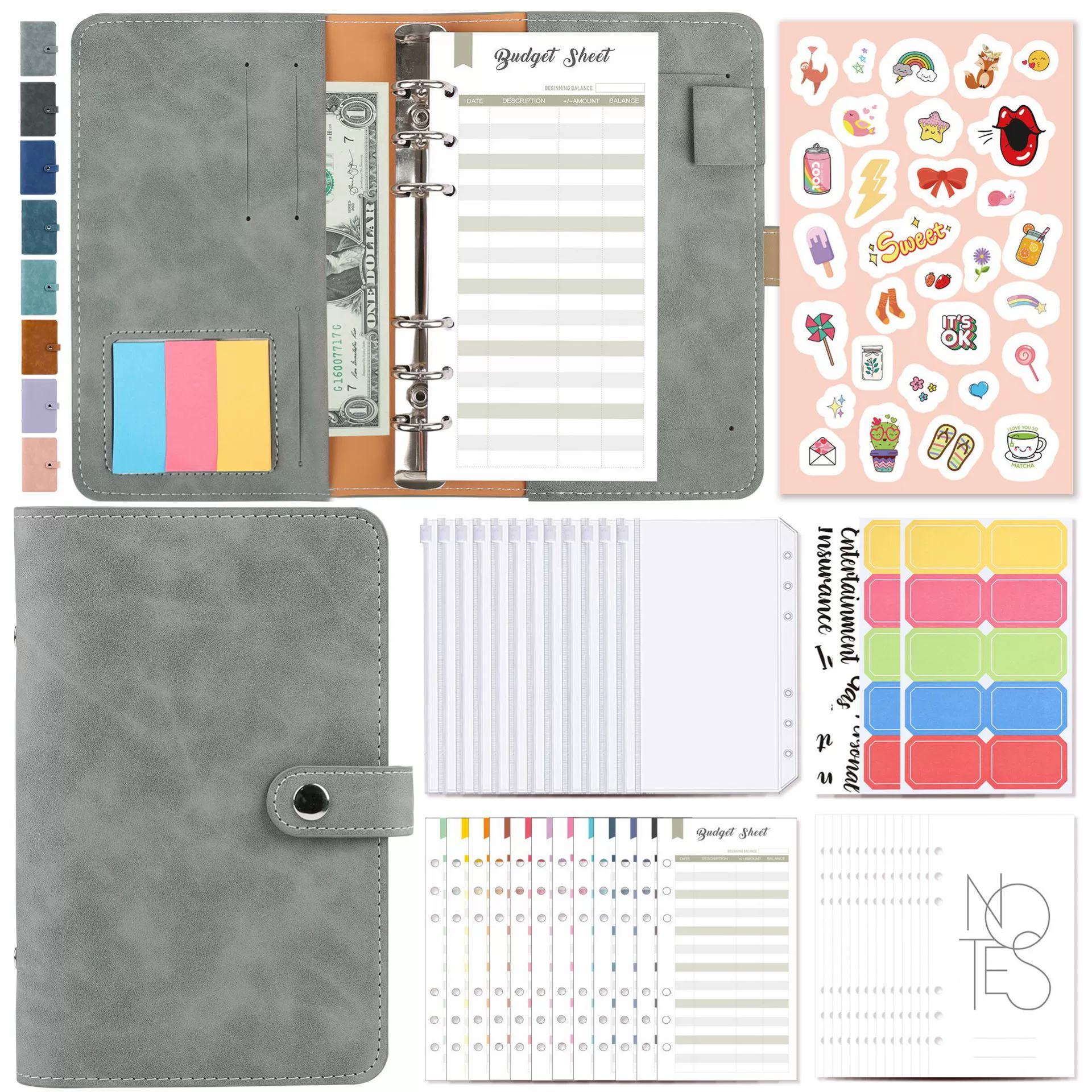 Planner Binder Notebook, PU Cover, Tear-Off Budget Sheets 27 pcs, A5-Style Organizer