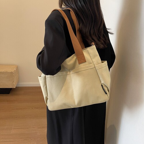 Original multi-pocket commuting bag, thick canvas tote, versatile, literary, student, large capacity, single-shoulder crossbody canvas bag