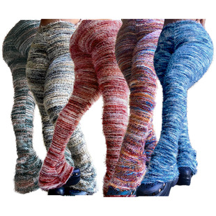 HR23113 European and American fashion women's colorful striped fluff personality woolen pants pile pants