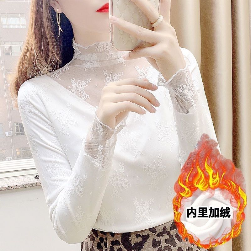 加绒高领蕾丝打底衫秋冬洋气厚款小衫毛衣内搭纱衣白色网纱上衣|undefined