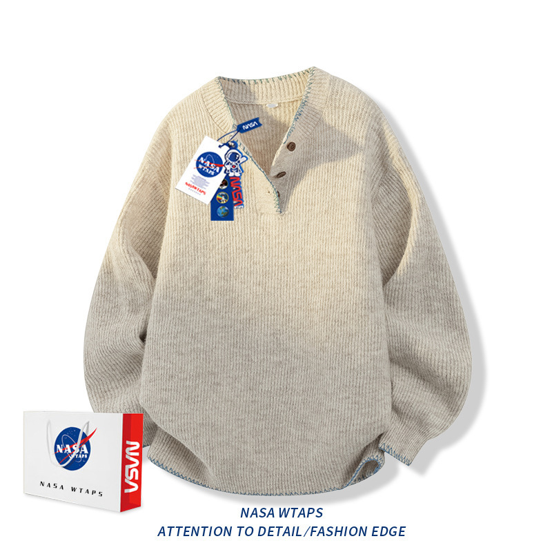 NASA ABOUT复古纯色亨利领毛衣男女秋季潮牌高级感休闲套头针织衫|undefined