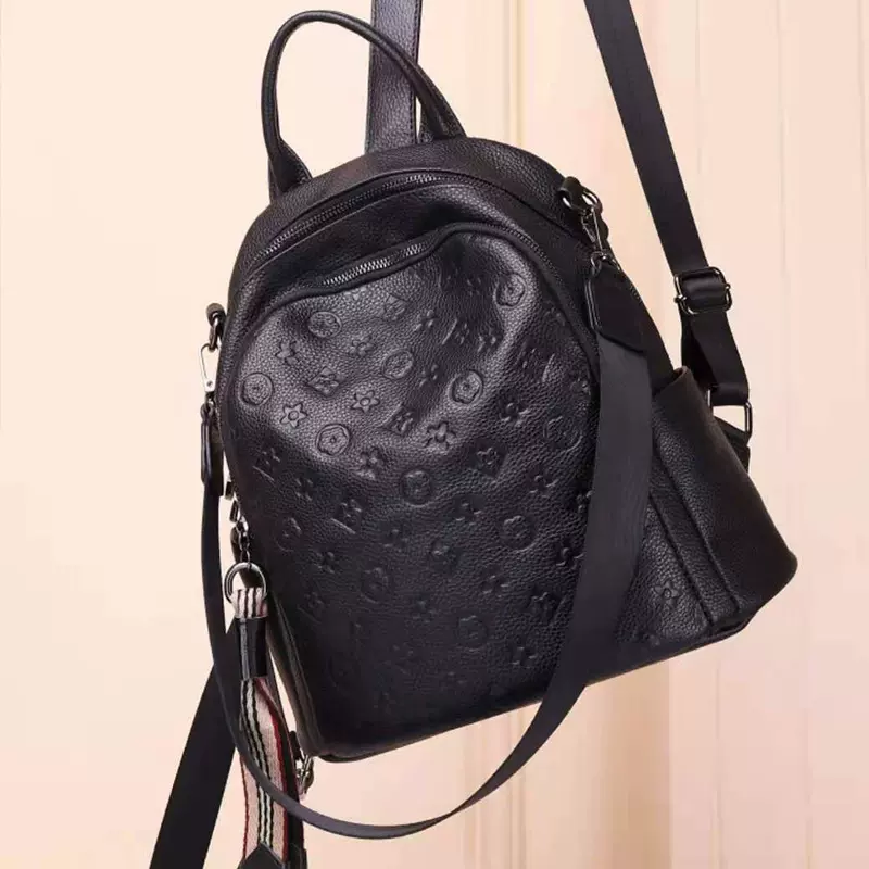 头层牛皮女包2023新款印花双肩包真皮女士休闲背包大容量8083潮流