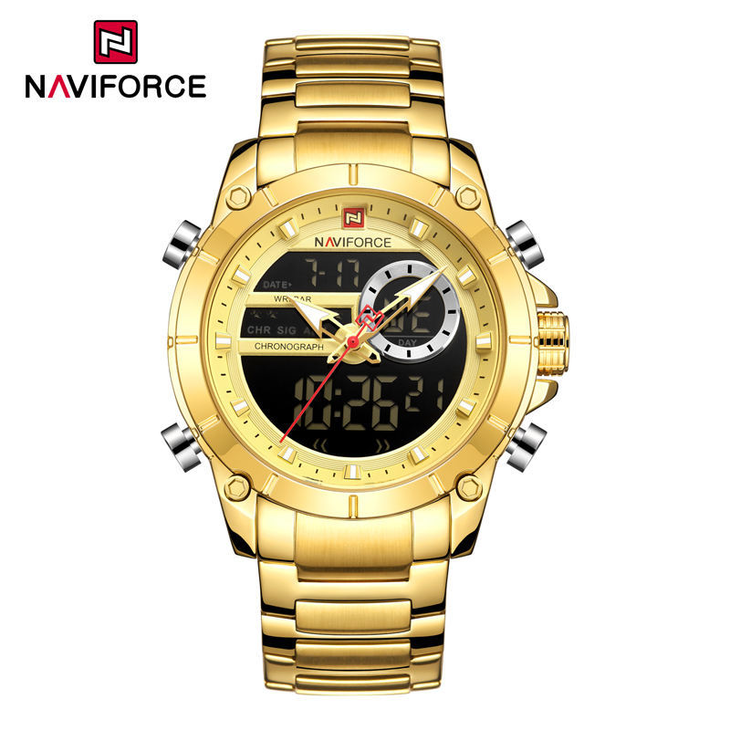 Naviforce Male Gold Watch Stainless Steel Strap Multifunctional Luminous Waterproof Digital Pointer Dual Display Sports Watch