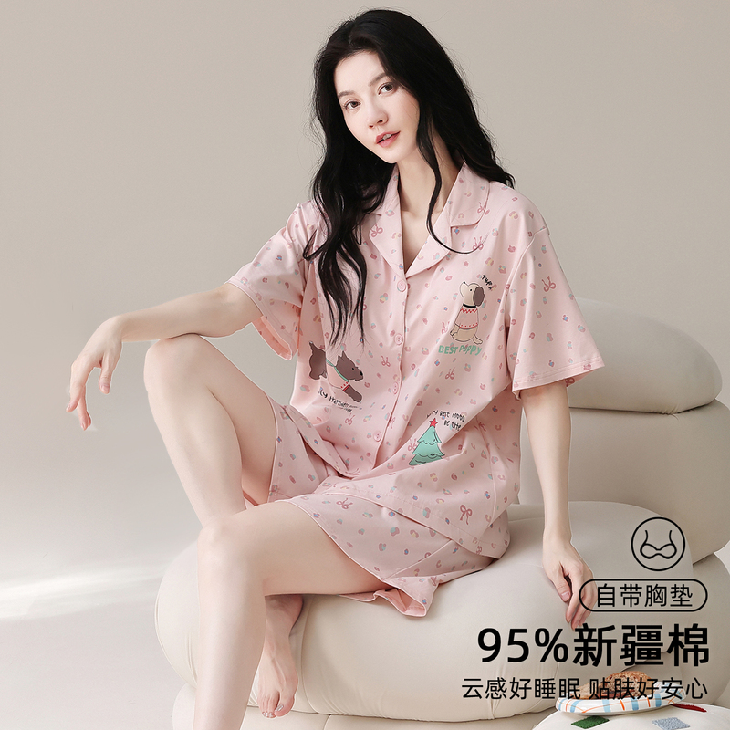 Women's pure cotton pajamas 2026 new summer model with chest pads, thin pink knot short-sleeve summer women's home wear set Women's pure cotton pajamas 2026 new summer model with chest pads, thin pink knot short-sleeve summer women's home wear set