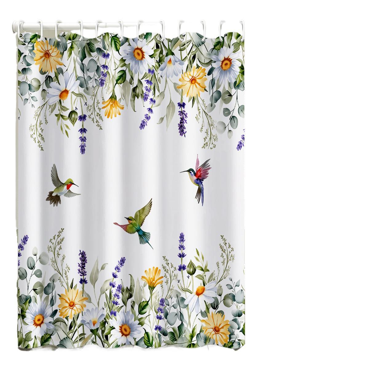 Cross-border Bird Pattern Shower Waterproof And Mold-Proof, No-Drill Bathroom Partition Curtain, Hanging Curtain_voghion.com