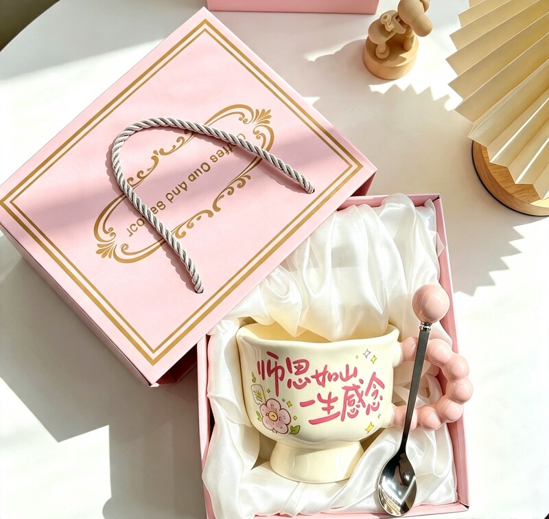 High-Quality Ceramic Mug Gift Set for Teacher's Day with Spoon, Creative Water Cup for Girls, Office Souvenir