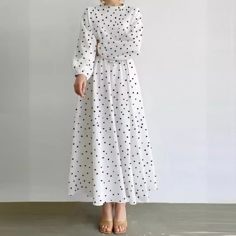 Cross-border Southeast Asia Japan Rakuten New Casual Loose Fitted Long Sleeve Round Neck Heart Print Dress Cross-border Southeast Asia Japan Rakuten New Casual Loose Fitted Long Sleeve Round Neck Heart Print Dress