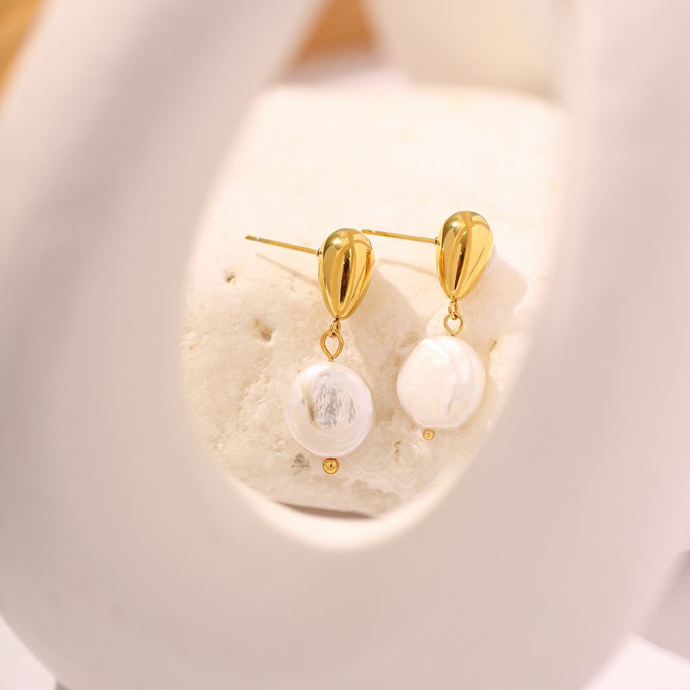 Elegant Geometric Stainless Steel Earrings Gold Plated Pearl Stainless Steel Earrings