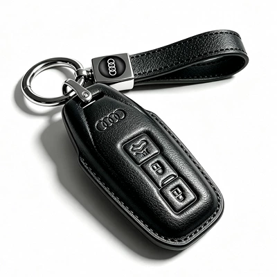 Car key bag, case Q5L/A5 special A6L/A3/Q3/Q2L - e-model-black-leather-case-elastic-loop-leather-cord-key-holder