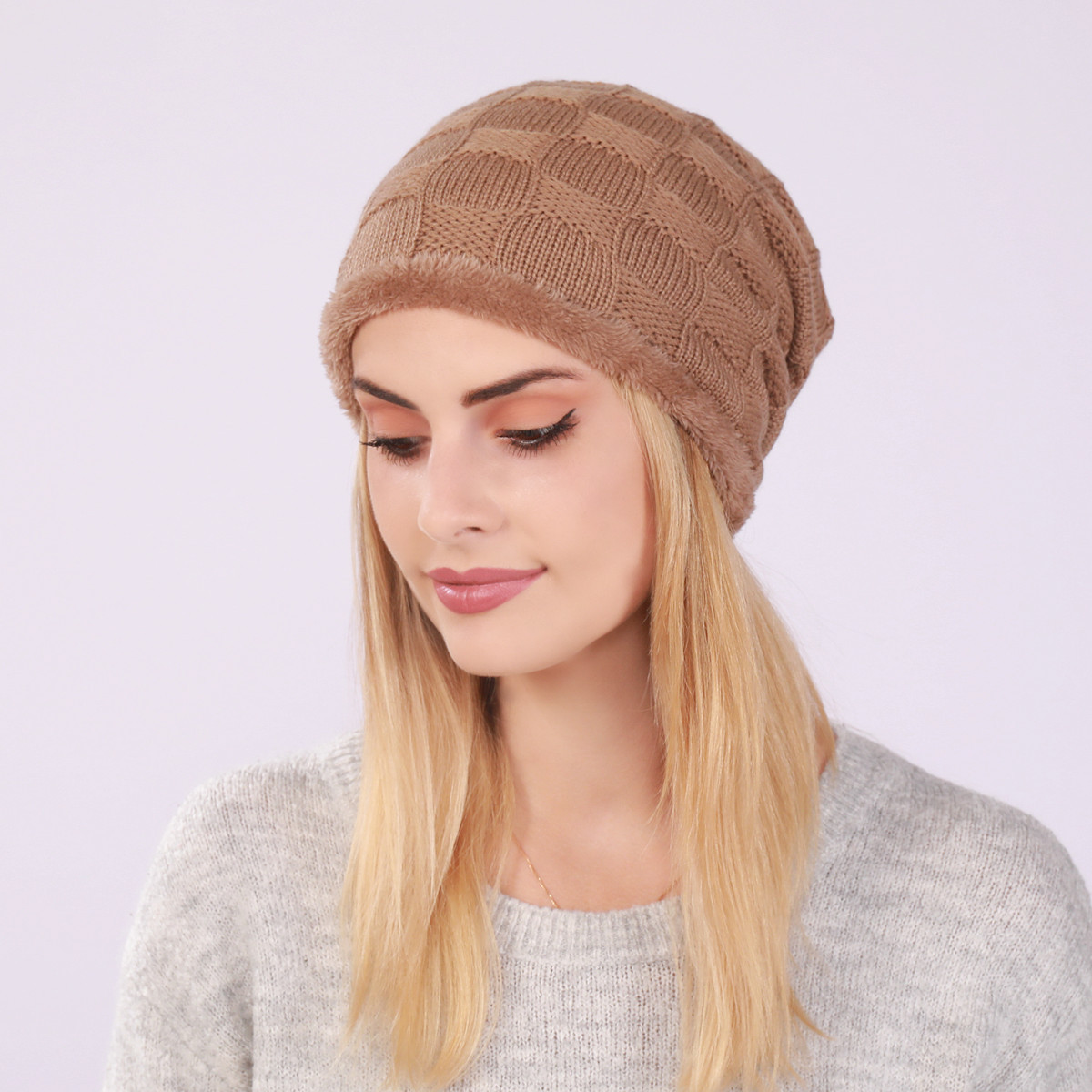 Plissee-Plüsch-Männer-Damen-Pullover-Mützen, gestrickte karierte postpartale Ohrenschützer für Herbst und Winter, warm_voghion.com